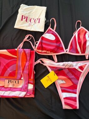 Emilio Pucci Pink & Red Wave Print Triangle Bikini